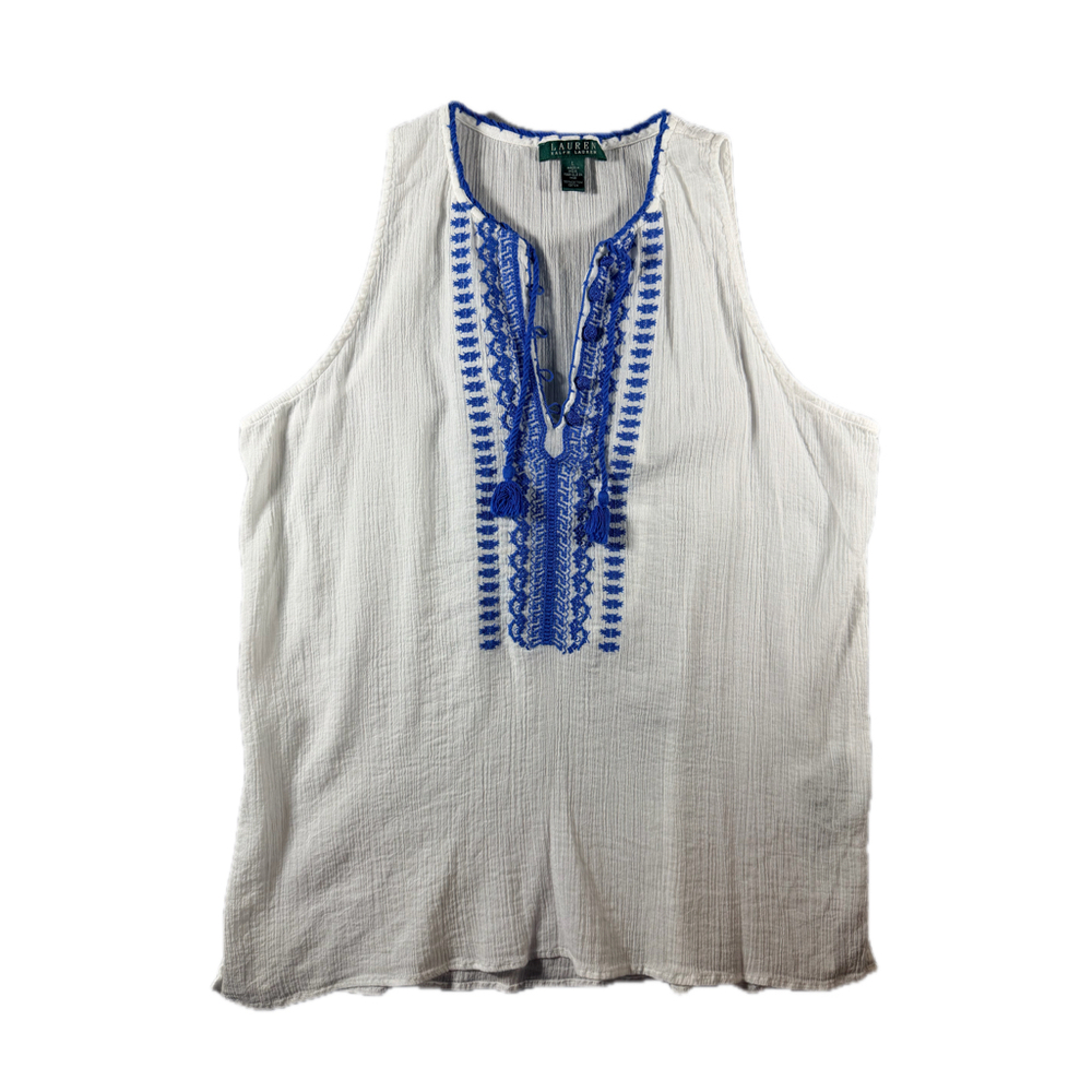 Lauren Ralph Lauren Womens Top Size L White Blue Embroidered Sleeveless Boho